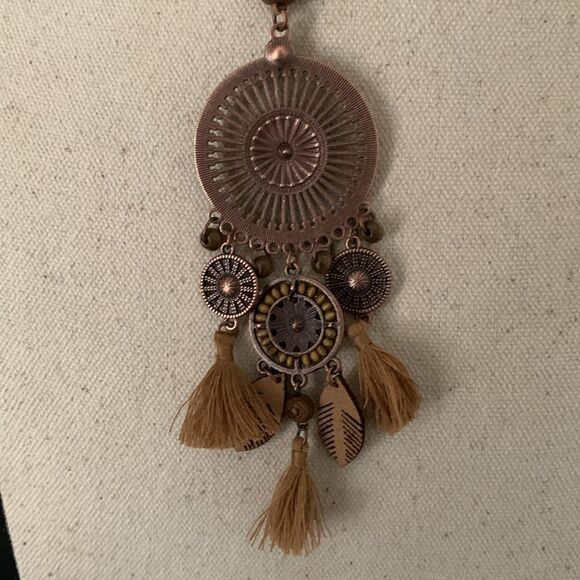 Sahara Medallion Tassel Pendant Necklace – Bronze Tone with Faux Suede Cord - Picture 8 of 10